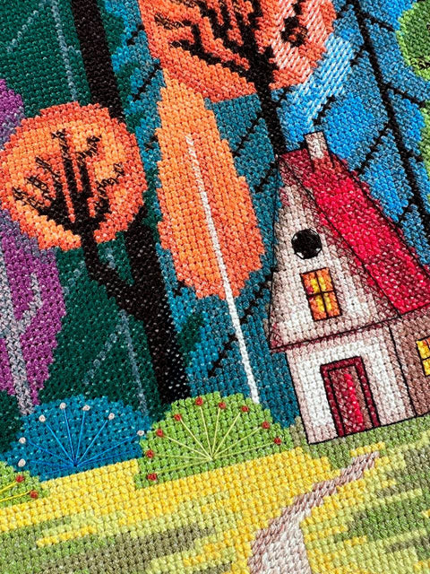 Cross Stitch Embroidery Kit, Cozy Forest Scene, 14 Count Ecru Canvas, 32 x 41 cm, 25 Colors, Abris Art
