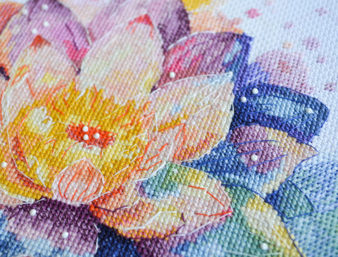 Glowing Lotus Cross Stitch Kit, Abris Art Deco Scenes, 24 x 24 cm, 14 Count White Canvas, 20 Thread Colors