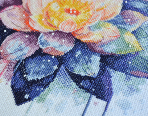 Glowing Lotus Cross Stitch Kit, Abris Art Deco Scenes, 24 x 24 cm, 14 Count White Canvas, 20 Thread Colors
