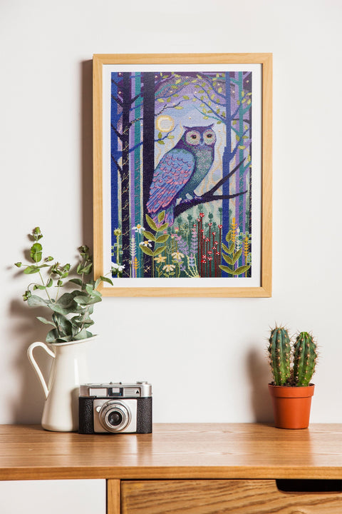 Forest Owl Cross Stitch Kit, 28 x 43 cm, Abris Art, White 14-Count Canvas, 34 Thread Colors, SAGA Chart