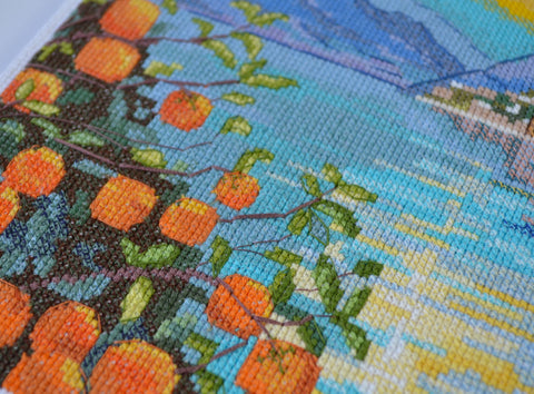 Cross Stitch Kit Sicilian Sun Landscape, Abris Art, 25x30 cm, 14 Count Aida, 51 Colors, SAGA Chart