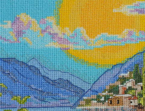 Cross Stitch Kit Sicilian Sun Landscape, Abris Art, 25x30 cm, 14 Count Aida, 51 Colors, SAGA Chart