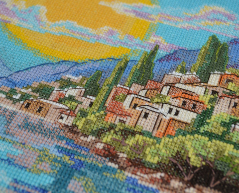 Cross Stitch Kit Sicilian Sun Landscape, Abris Art, 25x30 cm, 14 Count Aida, 51 Colors, SAGA Chart