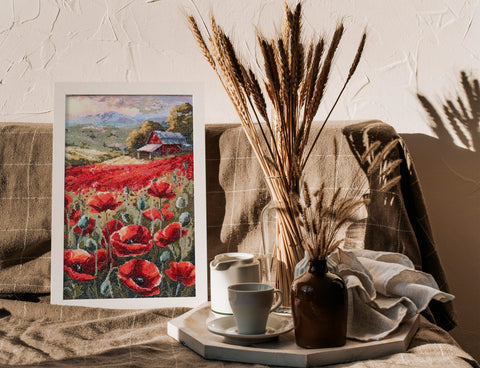 Cross Stitch Kit Poppy Sunset Design, Abris Art, 30 x 19 cm, White 14 Count Canvas, 42 Colors, SAGA Chart