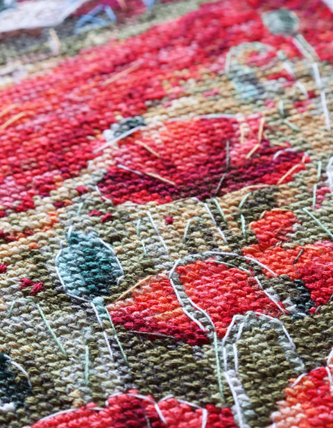 Cross Stitch Kit Poppy Sunset Design, Abris Art, 30 x 19 cm, White 14 Count Canvas, 42 Colors, SAGA Chart