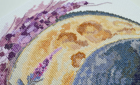 Cross Stitch Embroidery Kit, Moonlight Flowers and Butterfly Design, Abris Art, 28 x 30 cm, 14 Count Canvas, 38 Thread Colors