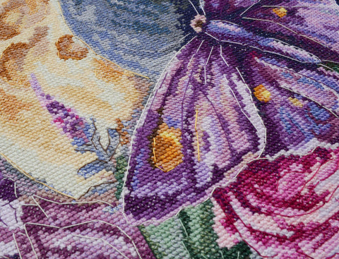 Cross Stitch Embroidery Kit, Moonlight Flowers and Butterfly Design, Abris Art, 28 x 30 cm, 14 Count Canvas, 38 Thread Colors