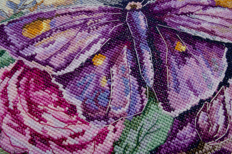 Cross Stitch Embroidery Kit, Moonlight Flowers and Butterfly Design, Abris Art, 28 x 30 cm, 14 Count Canvas, 38 Thread Colors