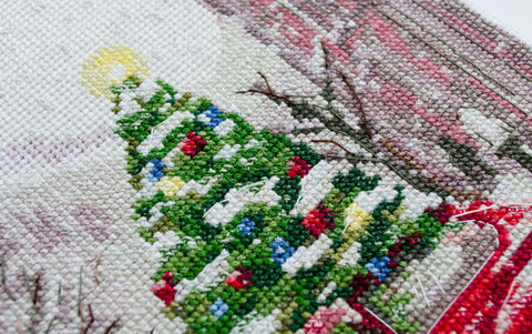 Winter Holiday Cross Stitch Kit, 25 x 20 cm, Abris Art, 14 Count White Canvas, 29 Colors, SAGA Chart