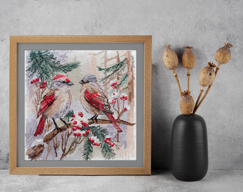 Winter Cross Stitch Kit, Decorative Scene, 14 Count White Aida, 25x25 cm, 29 Thread Colors, Abris Art