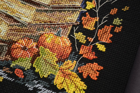 Cross Stitch Kit, Elegant Deco Scene on Black Canvas, Abris Art Magic Pages, 18 x 26 cm, 14 Count, 26 Colors