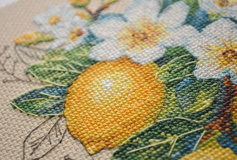 Cross Stitch Embroidery Kit Lemon Mood, 14x21 cm, Abris Art, 26 Thread Colors, Brown Fabric, SAGA Pattern
