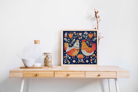 Cross Stitch Kit, Best Chicken Friends Scene, Abris Art, 23 x 23 cm, 14-Count Dark Blue Fabric, 22 Colors