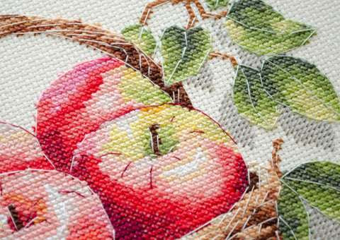Apple Composition Cross Stitch Kit, Abris Art, 23x22 cm, 14 Count Cream Canvas, 29 Colors, SAGA-Compatible Pattern