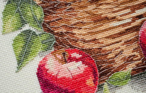 Apple Composition Cross Stitch Kit, Abris Art, 23x22 cm, 14 Count Cream Canvas, 29 Colors, SAGA-Compatible Pattern