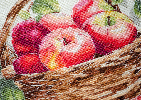 Apple Composition Cross Stitch Kit, Abris Art, 23x22 cm, 14 Count Cream Canvas, 29 Colors, SAGA-Compatible Pattern