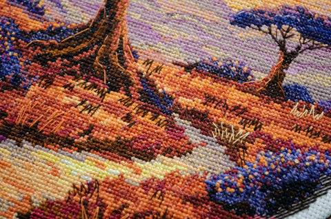 Savanna Landscape Cross Stitch Kit with White Aida Canvas, 24 Colors, Abris Art, 23 x 22 cm
