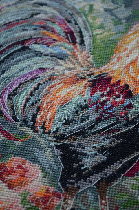 Cross Stitch Kit Rooster in the Yard, Abris Art, 14 Count Coffee Canvas, Animal Design, 23 x 30 cm, 38 Colors