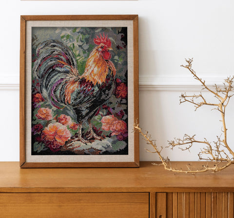 Cross Stitch Kit Rooster in the Yard, Abris Art, 14 Count Coffee Canvas, Animal Design, 23 x 30 cm, 38 Colors