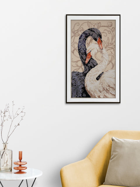 Cross Stitch Kit Love Swans, 21x36 cm, 14 Count Coffee Canvas, 21 Thread Shades, Abris Art