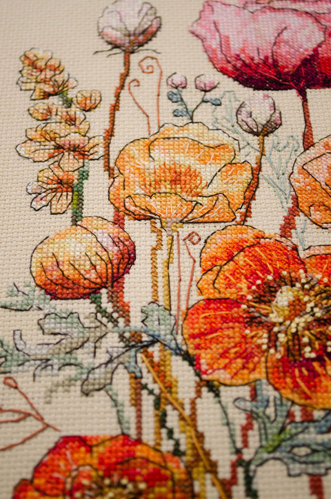 Floral Meadow Cross Stitch Kit, 14 Count Coffee Fabric, Abris Art, 52 Thread Shades, 23 x 34 cm Finished Size