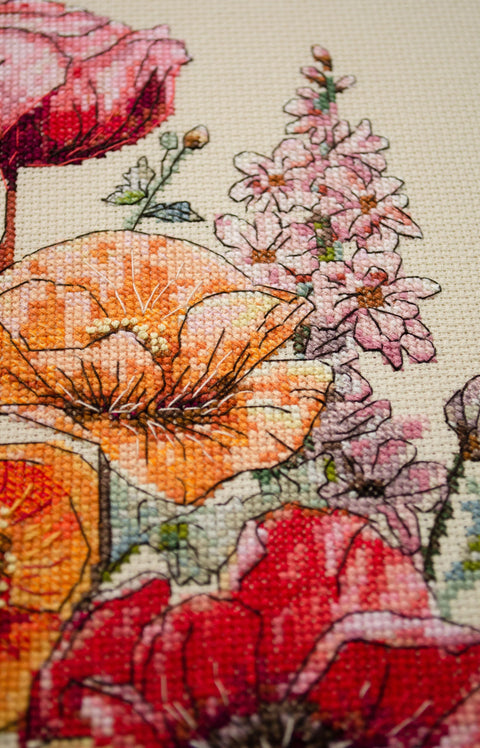 Floral Meadow Cross Stitch Kit, 14 Count Coffee Fabric, Abris Art, 52 Thread Shades, 23 x 34 cm Finished Size
