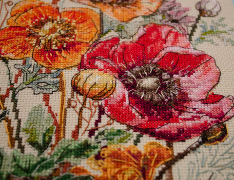 Floral Meadow Cross Stitch Kit, 14 Count Coffee Fabric, Abris Art, 52 Thread Shades, 23 x 34 cm Finished Size