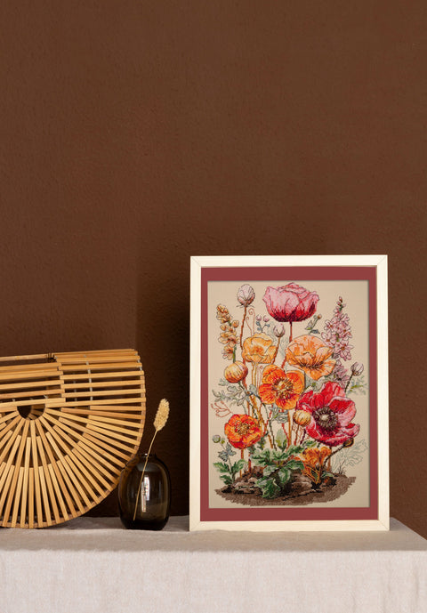 Floral Meadow Cross Stitch Kit, 14 Count Coffee Fabric, Abris Art, 52 Thread Shades, 23 x 34 cm Finished Size