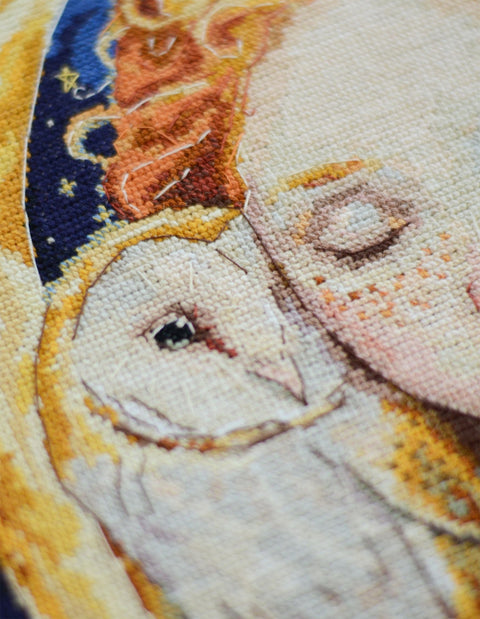 Moon Daughter Cross Stitch Kit, 25 x 24 cm, Abris Art, 18 Count White Canvas, 27 Thread Colors, Portrait Design