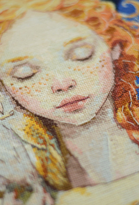 Moon Daughter Cross Stitch Kit, 25 x 24 cm, Abris Art, 18 Count White Canvas, 27 Thread Colors, Portrait Design