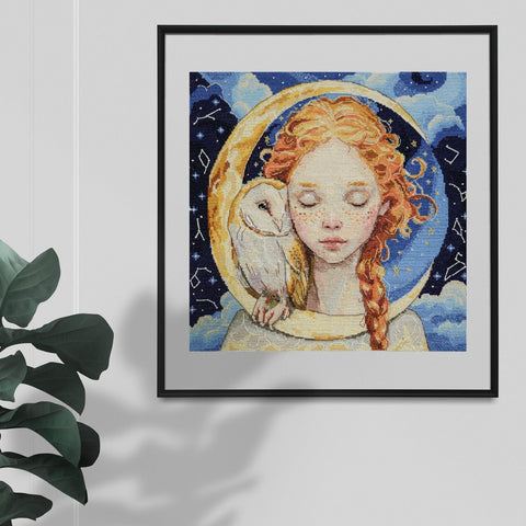 Moon Daughter Cross Stitch Kit, 25 x 24 cm, Abris Art, 18 Count White Canvas, 27 Thread Colors, Portrait Design
