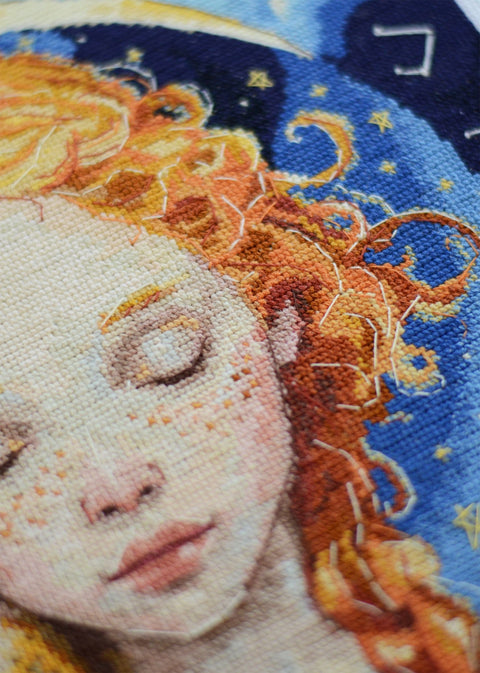 Moon Daughter Cross Stitch Kit, 25 x 24 cm, Abris Art, 18 Count White Canvas, 27 Thread Colors, Portrait Design