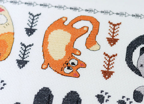 Cat Cross Stitch Kit “Meow-Meow” 35 x 35 cm, Abris Art, 14 Count White Canvas, 10 Colors