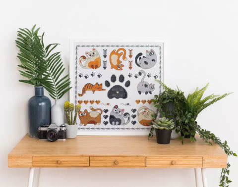 Cat Cross Stitch Kit “Meow-Meow” 35 x 35 cm, Abris Art, 14 Count White Canvas, 10 Colors