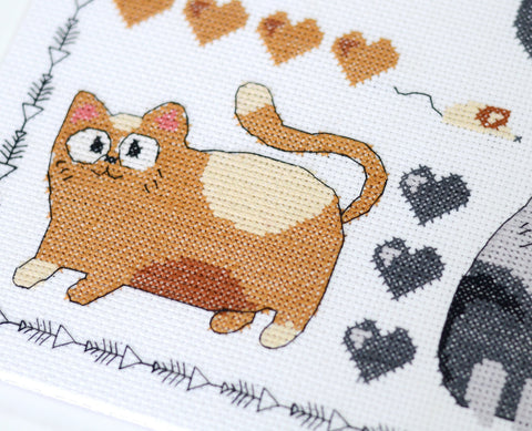 Cat Cross Stitch Kit “Meow-Meow” 35 x 35 cm, Abris Art, 14 Count White Canvas, 10 Colors