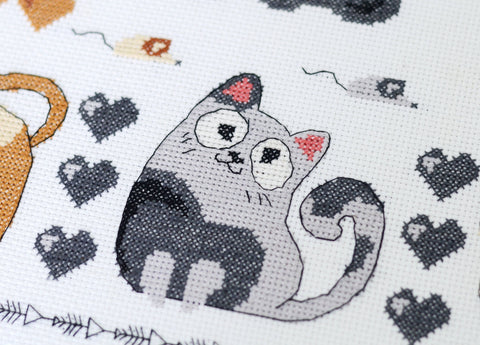Cat Cross Stitch Kit “Meow-Meow” 35 x 35 cm, Abris Art, 14 Count White Canvas, 10 Colors