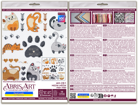 Cat Cross Stitch Kit “Meow-Meow” 35 x 35 cm, Abris Art, 14 Count White Canvas, 10 Colors