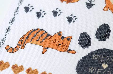 Cat Cross Stitch Kit “Meow-Meow” 35 x 35 cm, Abris Art, 14 Count White Canvas, 10 Colors