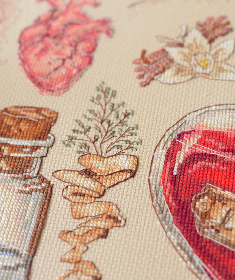Counted Cross Stitch Kit Love Recipe, Abris Art, 30x30 cm, 14 Count Coffee Canvas, 31 Thread Colors