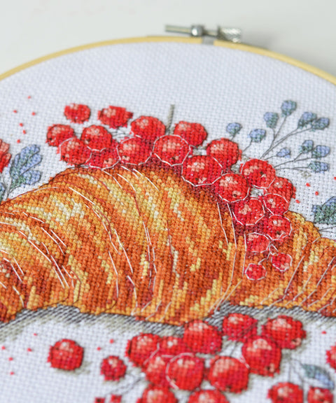 Cross-Stitch Kit, Red Currants and Croissant Still Life, 20x20 cm, Abris Art, 14 Count White Canvas, 18 Colors