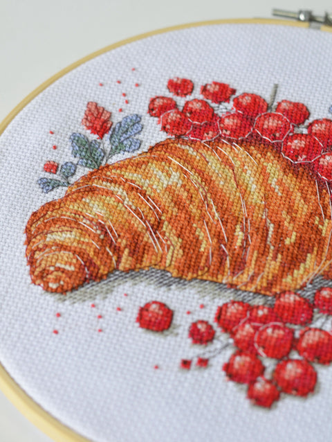 Cross-Stitch Kit, Red Currants and Croissant Still Life, 20x20 cm, Abris Art, 14 Count White Canvas, 18 Colors
