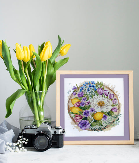 Floral Cross Stitch Embroidery Kit, 18 Count White Fabric, 56 Thread Colors, 26 x 26 cm, Abris Art