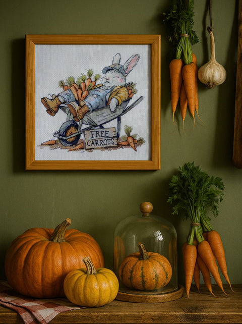 Animal-Themed Cross Stitch Kit with Carrots, Abris Art, 20 x 18 cm, 14 Count White Canvas, 30 Thread Colors