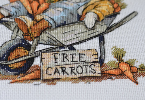 Animal-Themed Cross Stitch Kit with Carrots, Abris Art, 20 x 18 cm, 14 Count White Canvas, 30 Thread Colors
