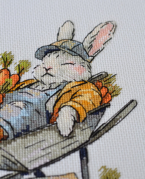 Animal-Themed Cross Stitch Kit with Carrots, Abris Art, 20 x 18 cm, 14 Count White Canvas, 30 Thread Colors