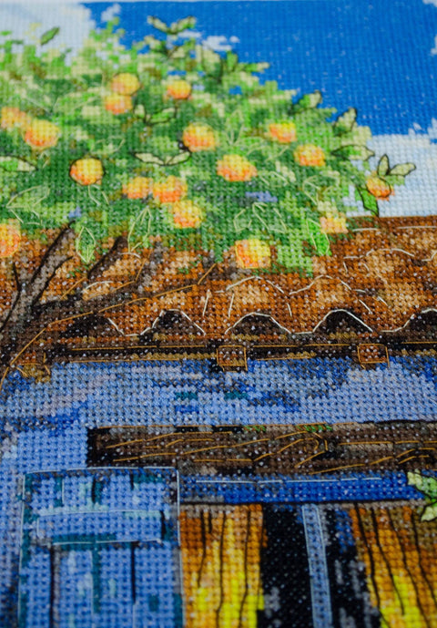 Cross Stitch Kit Mediterranean Landscape, 45 Colors, 14 Count White Canvas, 18x34 cm, Abris Art “Mediterranean Dream”