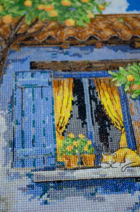 Cross Stitch Kit Mediterranean Landscape, 45 Colors, 14 Count White Canvas, 18x34 cm, Abris Art “Mediterranean Dream”