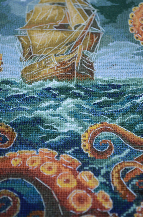 Cross Stitch Kit “Abyss” Nature Landscape, Abris Art, 18x27 cm, 18 Count White Canvas, 39 Colors