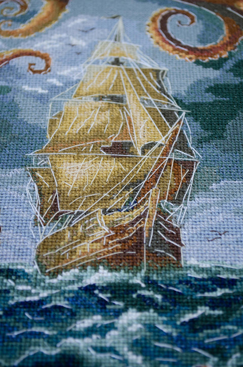 Cross Stitch Kit “Abyss” Nature Landscape, Abris Art, 18x27 cm, 18 Count White Canvas, 39 Colors