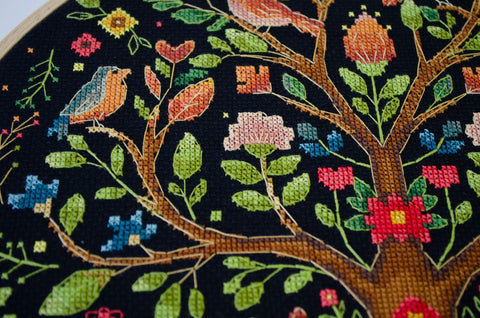 Cross Stitch Kit Forest Fairy Tale Tree, 30x30 cm, 28 Thread Colors, 14 Count Black Canvas, Abris Art